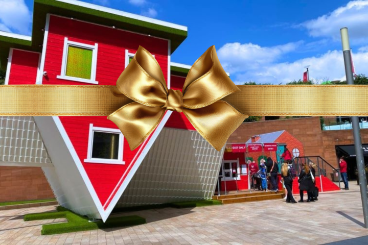 Upside-down house wrapped with a giant golden ribbon, people standing nearby.