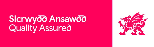 Red Welsh dragon and text 'Sicrwydd Ansawdd Quality Assured' on pink background.