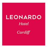 Red square with white text: LEONARDO Hotel Cardiff.