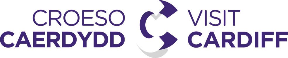Logo with Welsh 'Croeso Caerdydd' and English 'Visit Cardiff' with arrows forming a C.