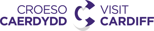 Logo with Welsh 'Croeso Caerdydd' and English 'Visit Cardiff' with arrows forming a C.