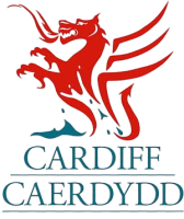Red dragon above text 'CARDIFF CAERDYDD' in blue, with blue water waves below.