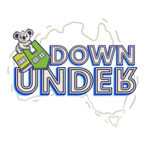 Koala on house with 'Down Under' text over Australia outline.