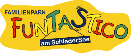 Colorful logo with text 'Familienpark Funtastico am SchiederSee' on yellow background.