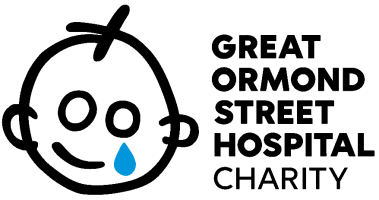 Logo: Stylized child's face with tear, Great Ormond Street Hospital Charity text.