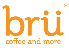 Logo of 'bru coffee and more' with orange text on a transparent background.